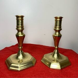 Vintage 40s Gold Brass Candle Holders Set of 2 Colonial Octogonal Decor 7" High
